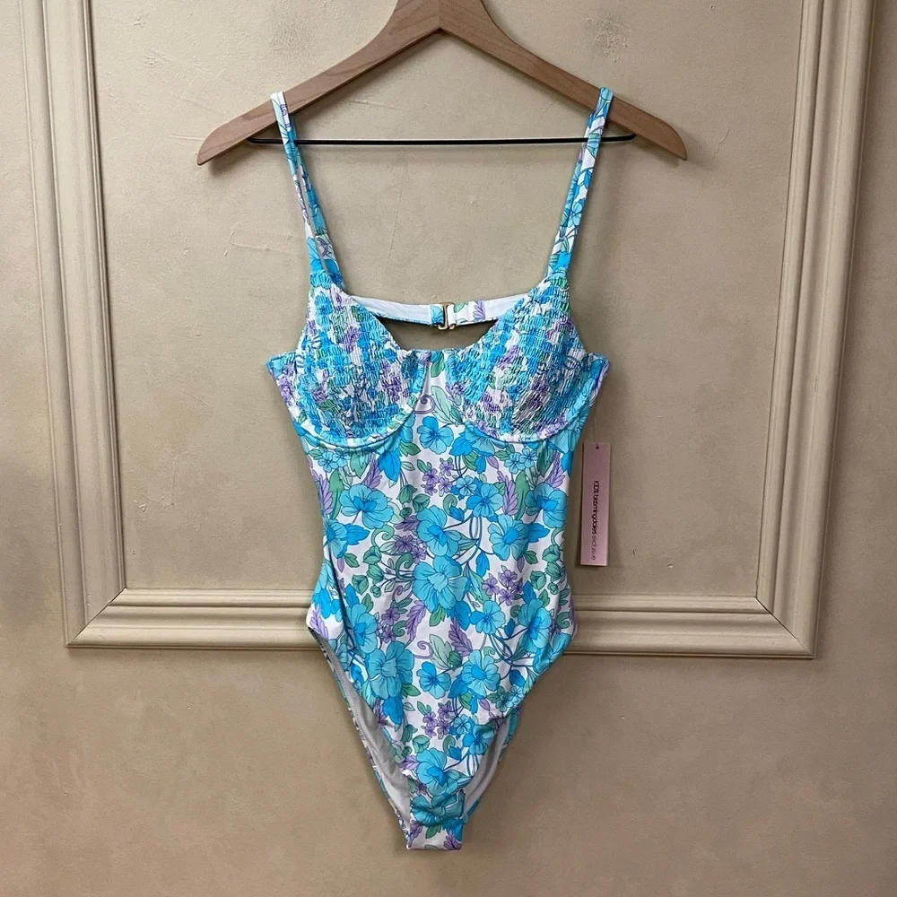 New! Aqua Smocked Underwire One Piece Swimsuit